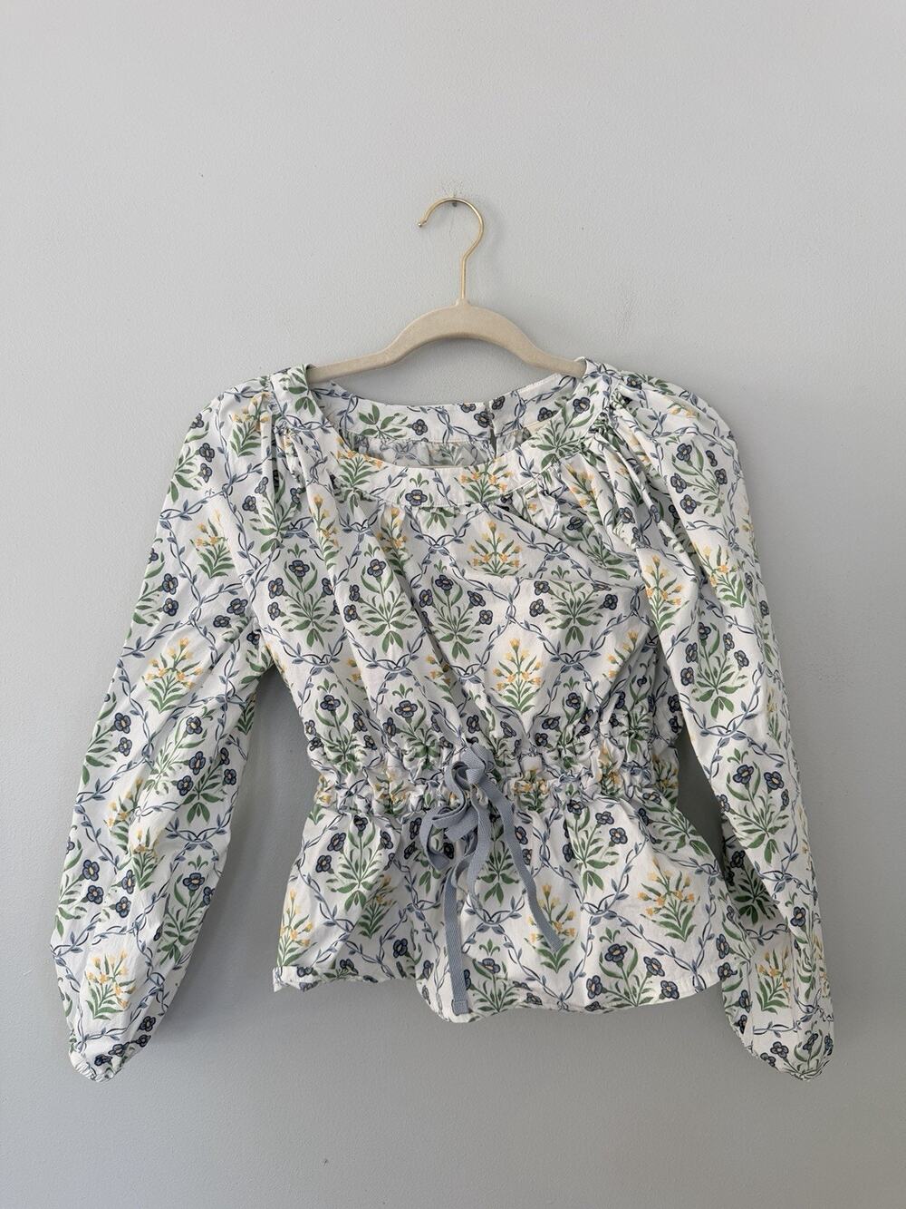 Spartina 449 Women's S Blouse Floral Long Balloon Sleeve Smocked Cinch Waist